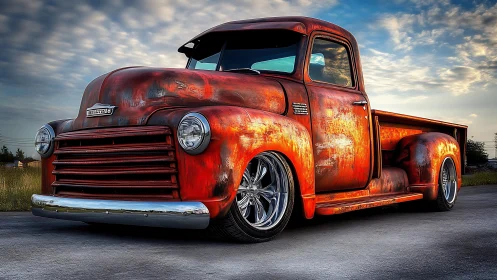 Rustic custom lowrider pickup truck under evening sky.