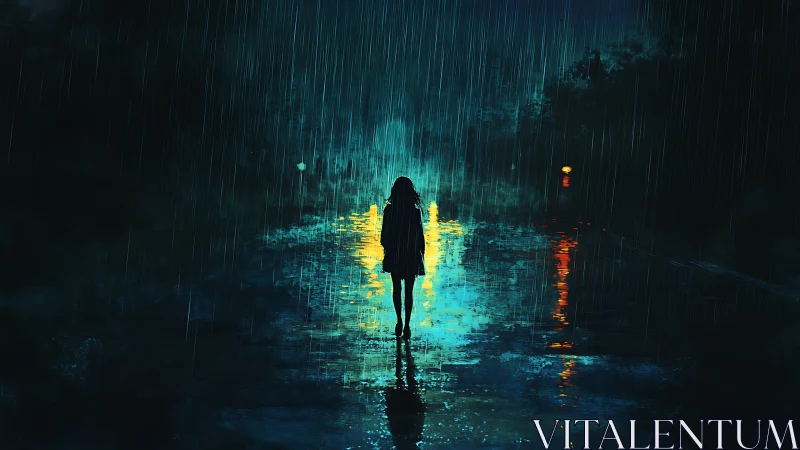 Silhouetted figure in neon-lit rain on reflective street.