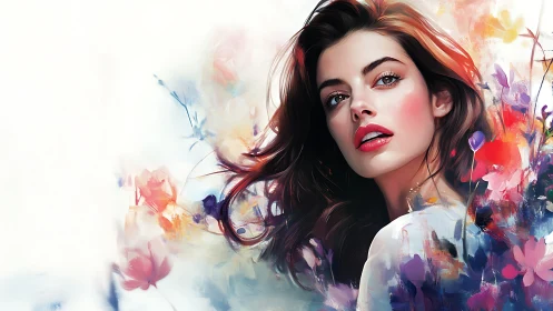 Portrait of woman amid abstract floral color bursts.