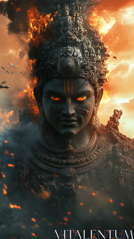 Volcanic war-god colossus with incendiary aerospace halo.