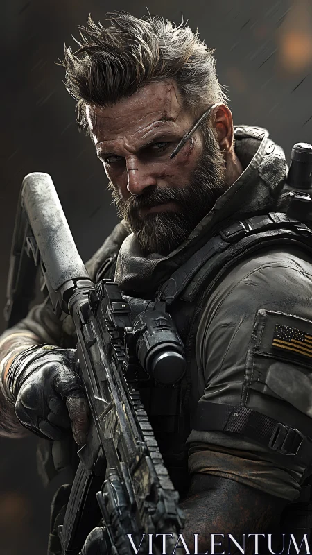 Battle-hardened soldier aiming rifle in close combat view.