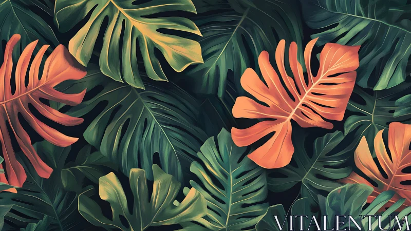 Jungle leaves gossip in teal shadows and coral whispers