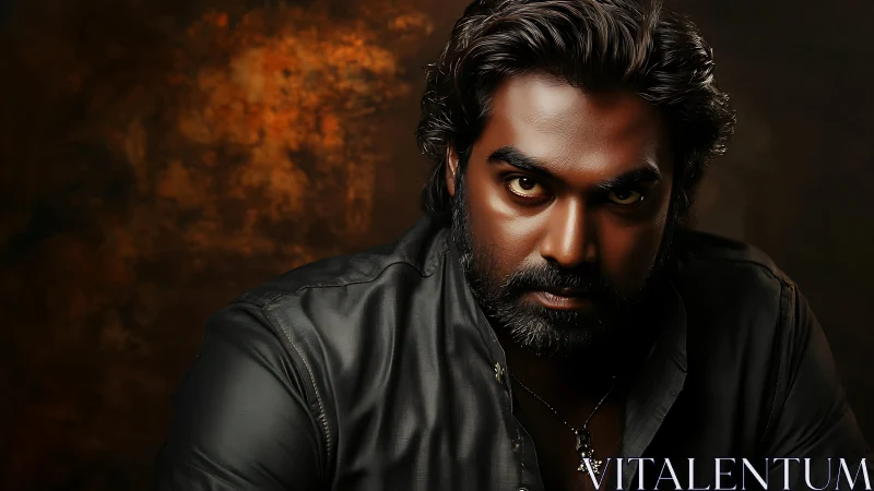 Bearded man in dark leather jacket against textured backdrop.