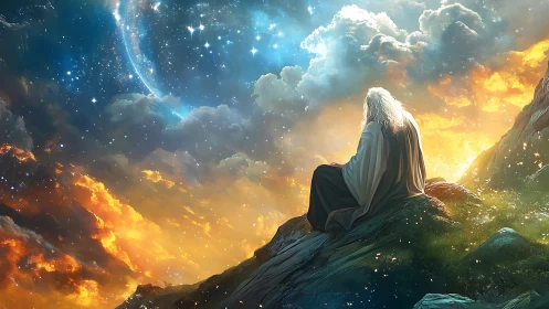 Elder of the cosmos brooding above a blazing newborn sky.