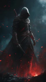 Hooded warrior stands in fiery embers amid swirling shadowed mist