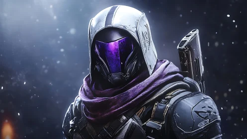 Armored sci fi hunter in violet visor under particle lit void