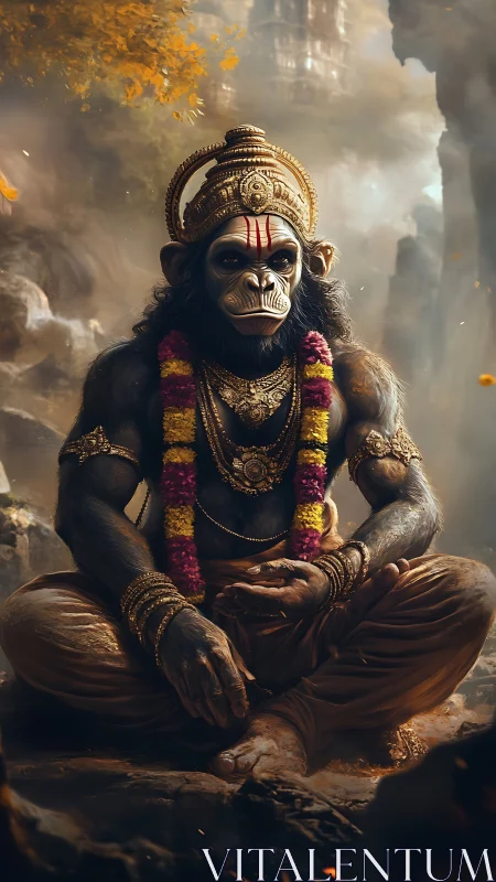 Seated anthropomorphic simian figure wears ornate regalia