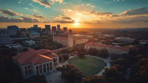 Golden hour sun warms a peaceful university campus skyline