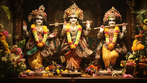 Intricately adorned Krishna deities with floral garlands in shrine