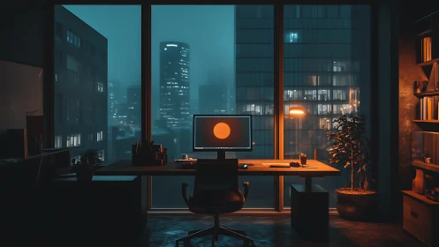 Cozy night workspace glowing against a calm city skyline.