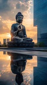 Bronze Buddha statue mirrors sunset over urban skyline.
