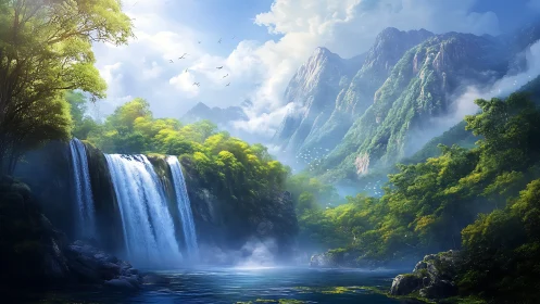 Luminous mountain waterfall in misty verdant valley panorama.