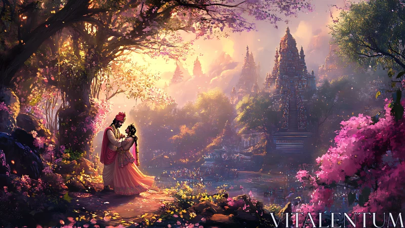 Digital rendering of romantic couple in ornate temple landscape with volumetric atmospheric lighting