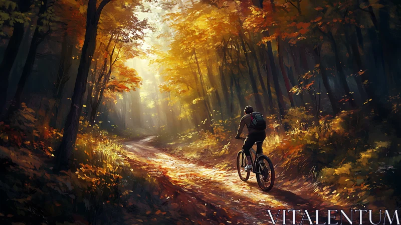 Mountain Biker Navigating Golden Autumn Forest Path.
