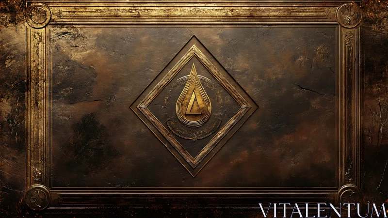 Metallic geometric emblem on distressed bronze panel.