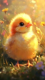 Golden Chick Portrait in Wildflower Field with Warm Bokeh Lighting.