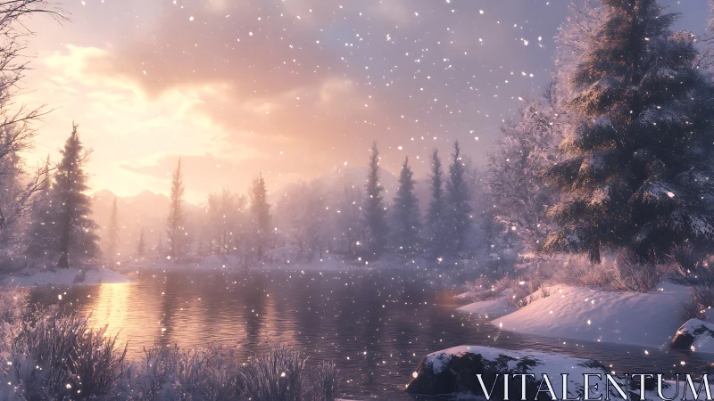 Snowfall over tranquil winter river at pastel sunset.
