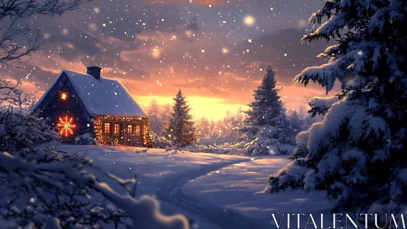 Snow-covered cabin with illuminated decorations under warm sunset sky