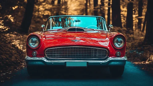 Crimson classic convertible glows like wildfire in autumn woods.