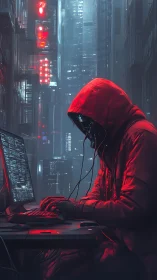 Midnight hooded hacker weaving code in neon rainstorm.