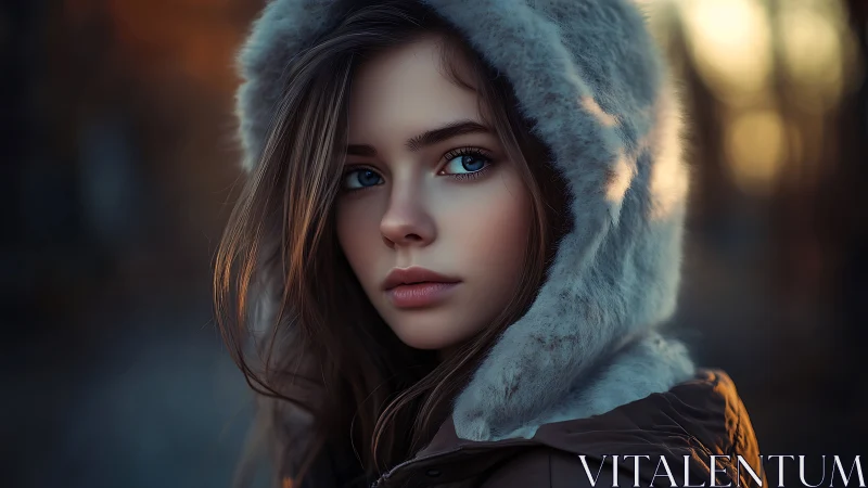 Portrait shows young woman in fur hood under soft dusk lighting