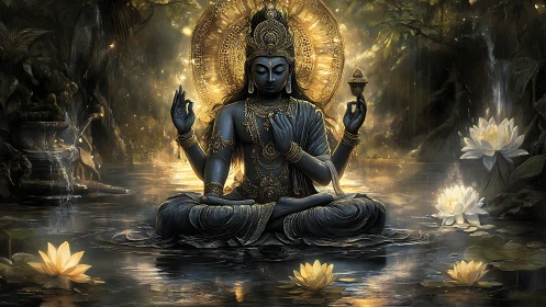 Divine blue deity meditates in a glowing lotus forest pool