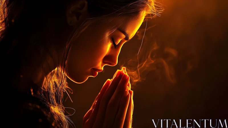 Photorealistic side-lit portrait of woman in prayer profile.