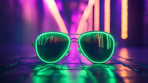 Neon aviator sunglasses under vivid cyberpunk tunnel glow.