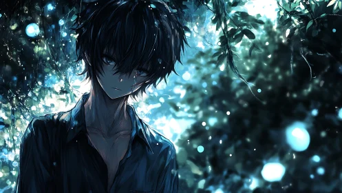 Solitary anime boy in luminous forest bokeh glow at dusk.