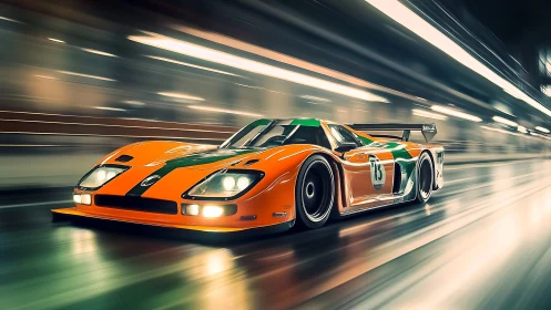 Orange race car moves through illuminated tunnel environment