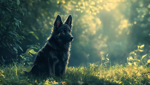 Shepherd dog watches forest clearing in golden backlight.