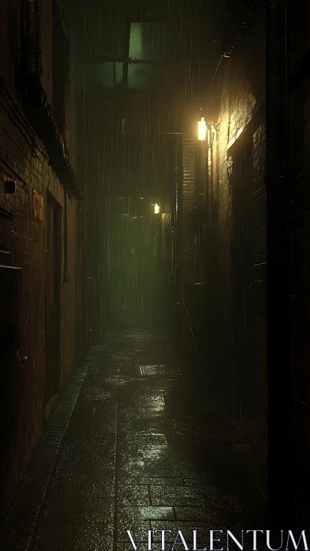Rain-slick city alleyway glows under moody sodium lamps.