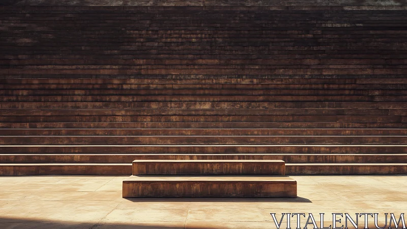 Solitary stone podium amid endless rusted amphitheater tiers.