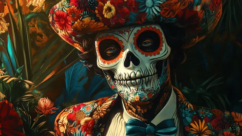 Digital painting of floral calavera portrait with lush botanicals.