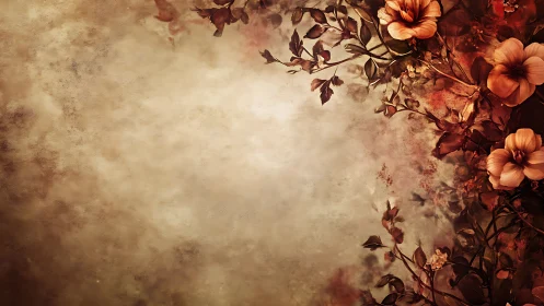 Rust red blossoms quietly frame a dreamy vintage mist