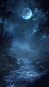 Moonlit forest path under dense stars and cold mist.
