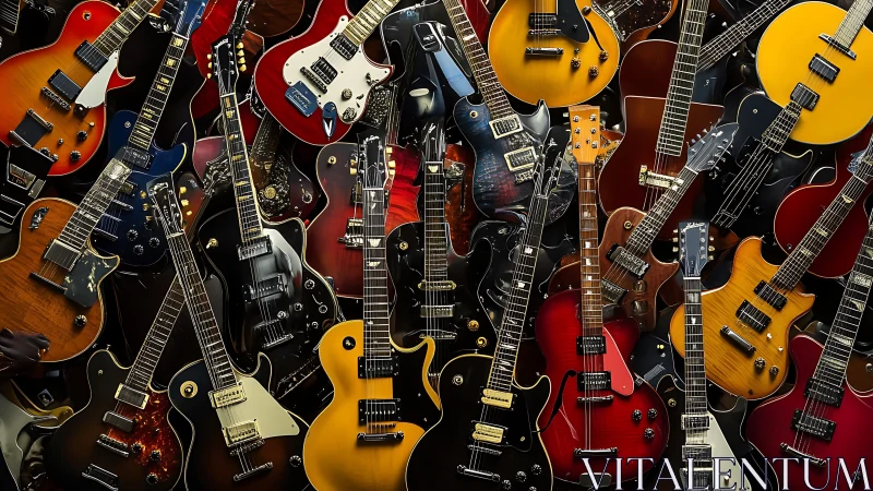 Dense wall of semi-hollow and solidbody electric guitars