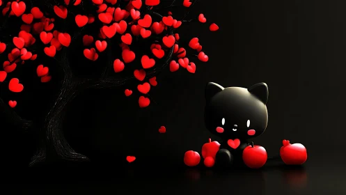 Black Cat Catches Falling Hearts Under Whimsical Love Tree