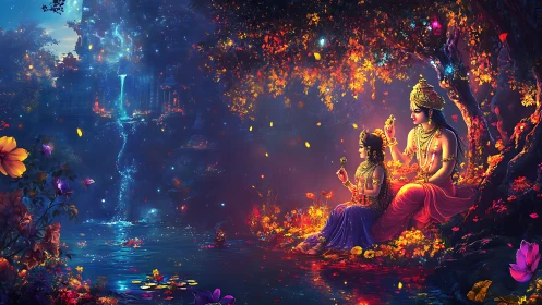 Divine figures by enchanted river under glowing temple night.