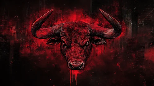 Crimson bull spirit blazing against a stormy city night.