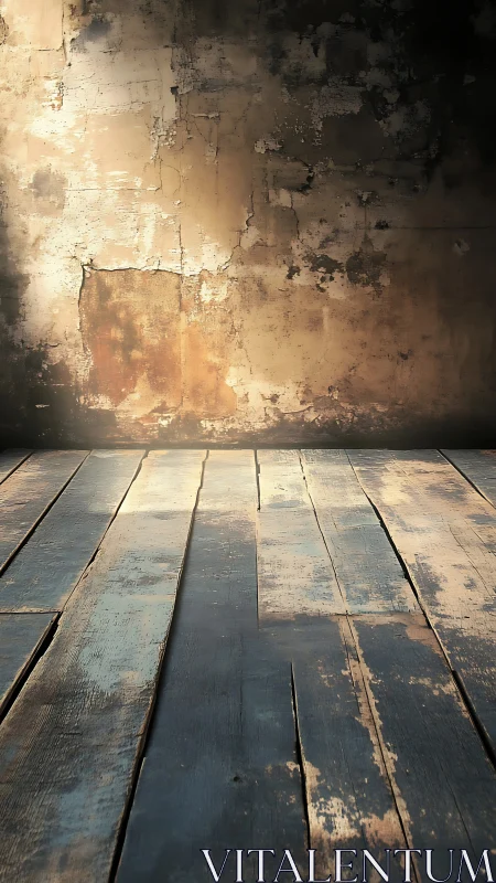 Weathered wall and worn wooden floor in muted light.