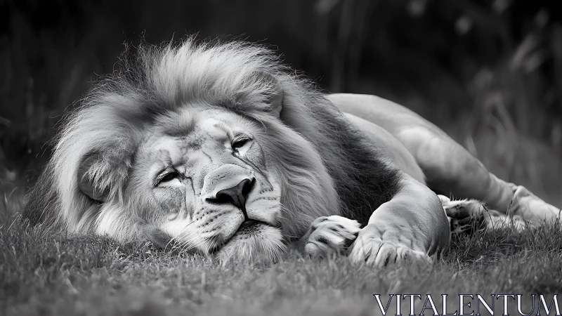 Male lion resting on grass in calm monochrome portrait.