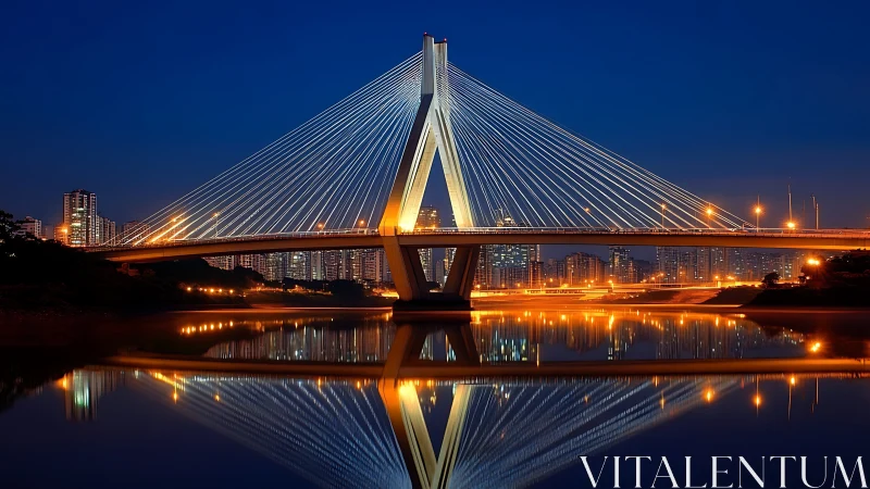 Cable-stayed bridge spans urban river under evening sky