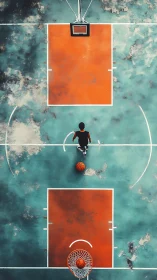 Single basketball player stands centered on worn outdoor court.