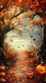 Digital rendering depicting autumn landscape with compositional convergence and fallingleaves