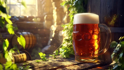 Sunlit amber beer stein rests in a rustic hop-filled brewery