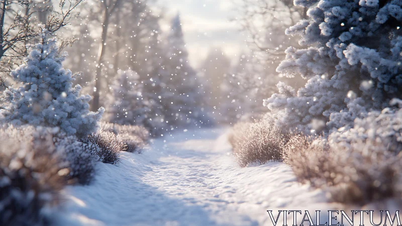 Snow covered forest path lined with frosted evergreen trees.