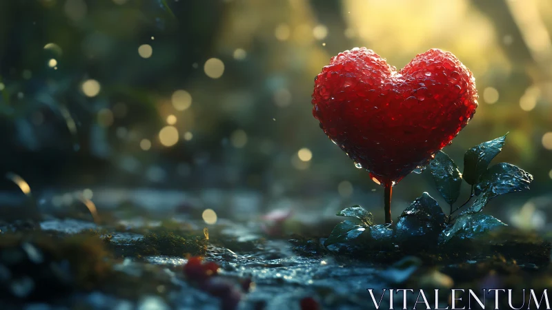 Red heart-shaped object with water droplets on moss surface.