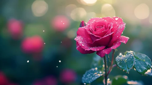 Crimson Rose Adorned with Dewdrops in Soft Afternoon Light