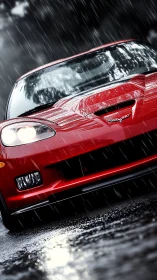 Red sports car front view is captured in heavy rainfall